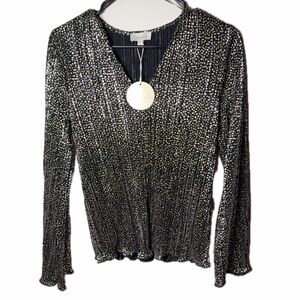 Chenault Pleated Blouse Small Black Gold Long Sleeve Pearl Elegant Formal